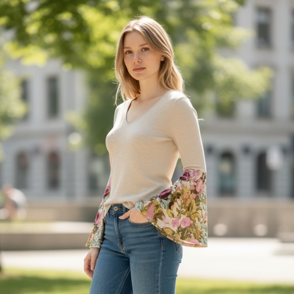 Philosophy Cream V-Neck Long Sleeve Top with Floral Bell Sleeves